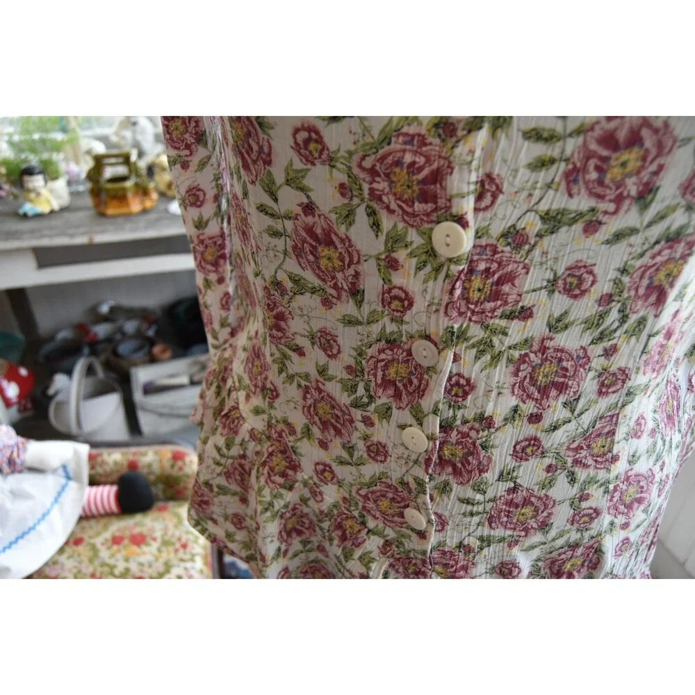 Vintage 80s Karin Stevens Floral Dress Asymmetrical Ruffle Hem Cottagecore Small